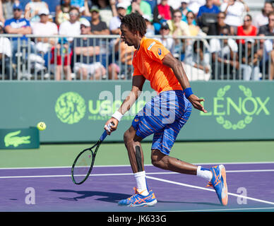 KEY BISCAYNE, FL - March 29: Gael Monfils (FRA) in action here defeats Jo-Wilfried Tsonga (FRA) 64 76(4) at the 2015 Miami Open at the Crandon Tennis Center in Key Biscayne Florida.  Photographer Andrew Patron/MediaPunch Stock Photo