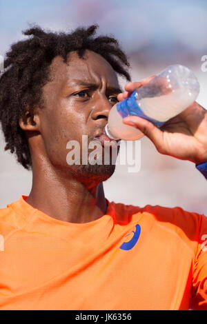 KEY BISCAYNE, FL - March 29: Gael Monfils (FRA) in action here defeats Jo-Wilfried Tsonga (FRA) 64 76(4) at the 2015 Miami Open at the Crandon Tennis Center in Key Biscayne Florida.  Photographer Andrew Patron/MediaPunch Stock Photo