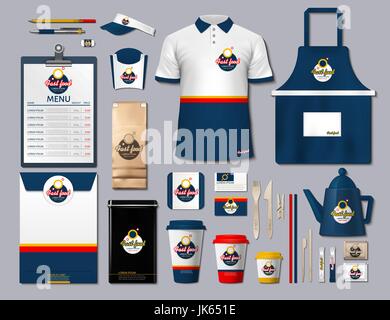 Business fastfood corporate identity items set. Vector fastfood Color promotional uniform, timetable, coffee cups design with logos. Work Stuff Statio Stock Vector