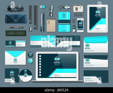 Business corporate identity items set. Vector working articles phone, tablet, maps, cards with brand logos. Work Stuff Stationery 3d realistic collect Stock Vector