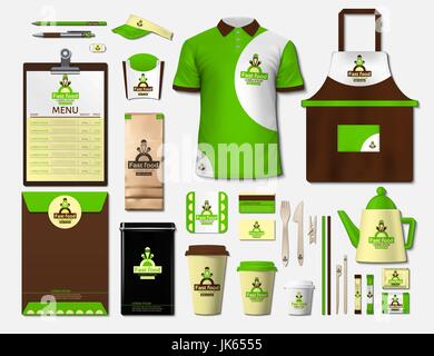 Business fastfood corporate identity items set. Vector fastfood Color promotional uniform, apron, menu, timetable, coffee cups design with logos. Work Stock Vector