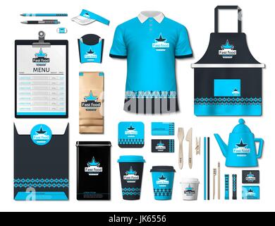 Business fastfood corporate identity items set. Vector fastfood Color promotional uniform, apron, menu, timetable, coffee cups design with logos. Work Stock Vector