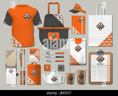 Business fastfood corporate identity items set. Vector fastfood Color promotional uniform, apron, menu, timetable, coffee cups design with logos. Work Stock Vector