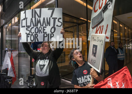 London, UK. 21st July, 2017. London, UK. 21st July 2017. DPAC (Disabled People Against Cuts) protest at the London HQ of Atos who carry out PIP (Personal Independence Payment) assessments for the Dept of Work and Pensions. Though Atos lost the contract for Work Capability Assessment they are still assessing the needs of the disabled for PIP, using inadequately trained and qualified staff to produce assessments that DPAC say a ''riddled with lies and inaccuracies.'' They say assessments should be carried out by suitably medically qualified staff and that there should be no financial incentives Stock Photo