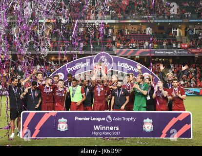 Hong Kong, China. 22nd July, 2017. Players of Liverpool celebrate during the awarding ceremony after the final match at the Premier League Asia Trophy between Liverpool and Leicester City in Hong Kong, China, July 22, 2017. Liverpool won 2-1. Credit: Wang Shen/Xinhua/Alamy Live News Stock Photo