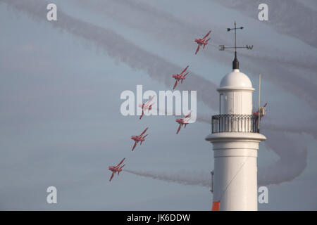 Sunderland, UK. 21st July, 2017. The Royal Air Force Red Arrows performing at the Sunderland International Airshow in Sunderland, England. The free-to-visit air show takes place by Seaburn Beach and is in its 29th year. Credit: Stuart Forster/Alamy Live News Stock Photo