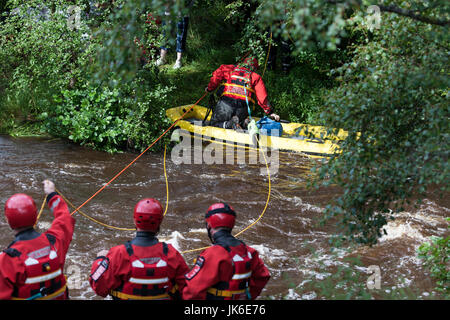 River Tees, Bowlees, Upper Teesdale, County Durham UK.  Saturday 22nd July 2017. UK Weather.  Emergency Services were called out to rescue four people who became trapped on an island in the River Tees this afternoon after torrential rain caused a flash flood which cut them off.  Nobody was hurt in the incident, which lasted approximately 1 hour.  Credit: David Forster/Alamy Live News. Stock Photo