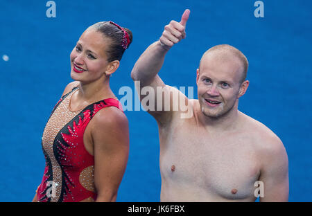 Budapest, Hungary. 21st July, 2017. Amelie Ebert and Niklas Stoepel (Germany) after taking 9th place in the mixed duet free event at the FINA World Championships 2017 in Budapest, Hungary, 21 July 2017. The pair finished in third place. Photo: Jens Büttner/dpa-Zentralbild/dpa/Alamy Live News Stock Photo