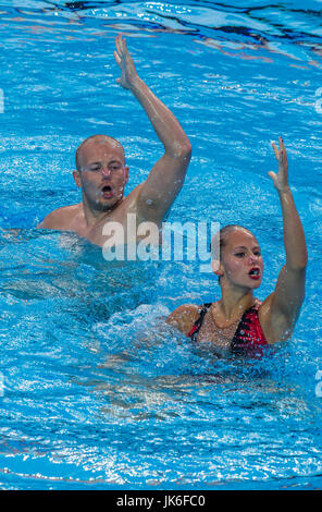 Budapest, Hungary. 21st July, 2017. Amelie Ebert and Niklas Stoepel (Germany) after taking 9th place in the mixed duet free event at the FINA World Championships 2017 in Budapest, Hungary, 21 July 2017. The pair finished in third place. Photo: Jens Büttner/dpa-Zentralbild/dpa/Alamy Live News Stock Photo