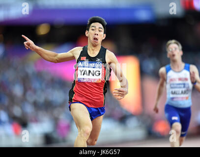 London, UK. 22nd July, 2017. Yifei Yang celebrates winning the Men's 100M T36 Final during World Para Athletics Championships London 2017 at London Stadium on Saturday. Photo : Taka G Wu/Alamy Live News Stock Photo