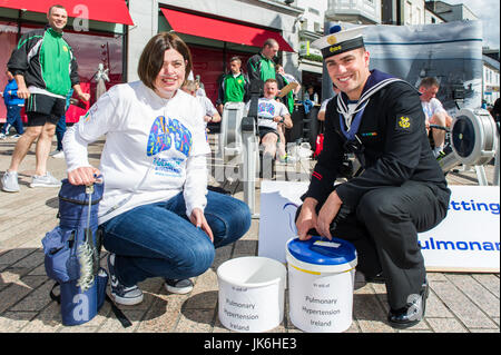 Cork, Ireland. 22nd July, 2017.  The Irish Navy did a charity row in aid of Pulmonary Hypertension Ireland today.  The illness is extremely rare, with only 150 known cases in Ireland. There is no cure, only treatment. Pictured at the row are Pulmonary Hypertension patient Christine Coakley from Cobh and Able Seaman Lynch, who is based at Haulbowline Naval Base, Cobh, Ireland. Credit: Andy Gibson/Alamy Live News. Stock Photo