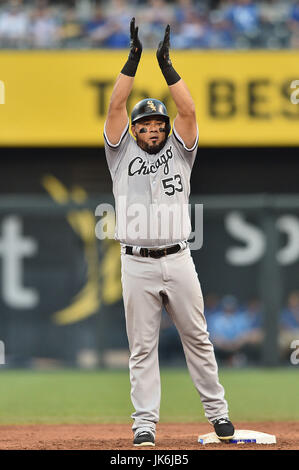 Kansas City, Missouri, USA. 22nd July, 2017. Chicago White Sox left fielder Melky Cabrera (53) reacts to his double in the 5th inning during the Major League Baseball game between the Chicago White Sox and the Kansas City Royals at Kauffman Stadium in Kansas City, Missouri. Kendall Shaw/CSM/Alamy Live News Stock Photo