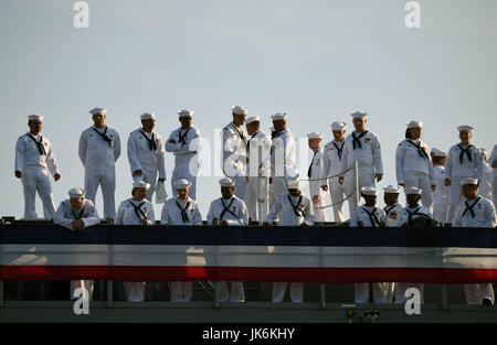 Norfolk, USA. 22nd July, 2017. Sailors are seen on USS Gerald R. Ford before its commissioning ceremony at Naval Station Norfolk, Virginia, the United States, on July 22, 2017. The U.S. Navy commissioned United States Ship (USS) Gerald R. Ford, the newest and most advanced aircraft carrier, at Naval Station Norfolk, a navy base in Virginia on Saturday. Credit: Yin Bogu/Xinhua/Alamy Live News Stock Photo