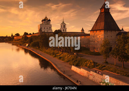 Russia, Pskovskaya Oblast, Pskov, elevated view of Pskov Kremlin from the Velikaya River, sunset Stock Photo