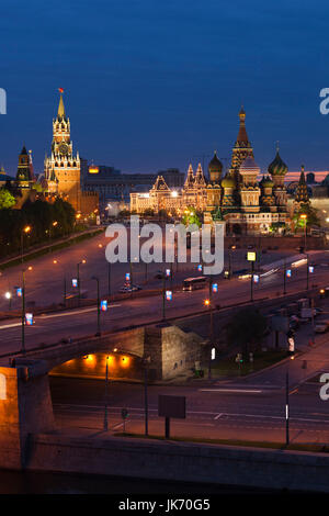 Russia, Moscow Oblast, Moscow, Red Square, elevated view of Kremlin and Saint Basils Cathedral, dusk Stock Photo