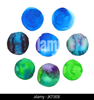 Set of colorful blue and green hand drawn watercolor spots, circles isolated on white background. Stock Photo