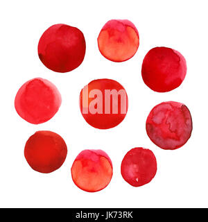 Set of colorful red hand drawn watercolor spots, circles isolated on white background. Stock Photo