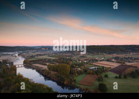 France, Aquitaine Region, Dordogne Department, Domme, elevated view of the Dordogne River Valley in fog from the Belvedere de la Barre, dawn Stock Photo