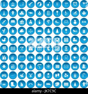 100 preschool education icons set blue Stock Vector