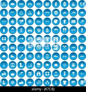100 rafting icons set blue Stock Vector