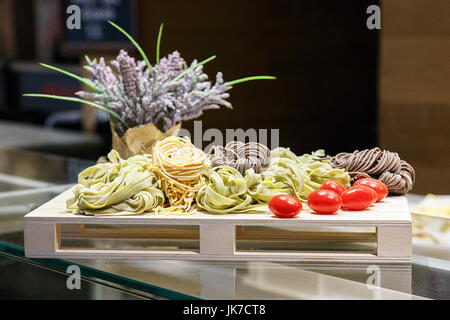 Pasta Display on Restaurant Counter Stock Photo