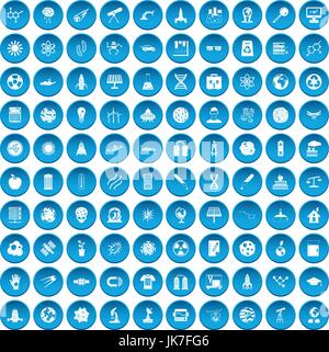 100 space technology icons set blue Stock Vector