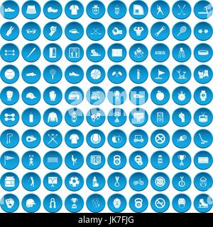 100 sport equipment icons set blue Stock Vector