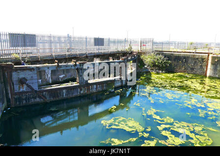 Old wooden lock gates on Princes Dock,Liverpool,UK Stock Photo