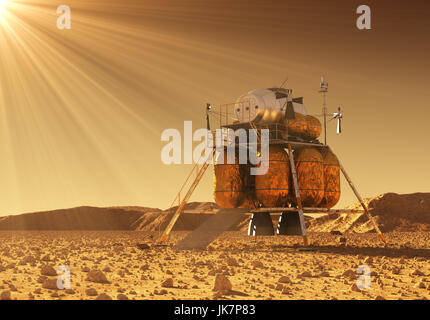 Descent Module Of Interplanetary Space Station In The Rays Of Martian Sun. 3D Illustration. Stock Photo