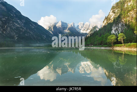 Reflection of the Dolomites in Lake Landro Stock Photo