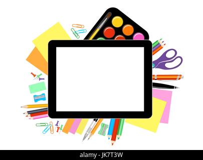 Modern flat vector illustration, tablet PC with school office supplies on white background Stock Vector