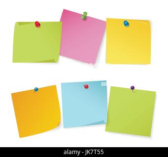 Realistic vector illustration, set of color note papers with different color pushpins, isolated on white Stock Vector