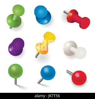 Realistic vector illustration, set of different color pins, isolated on white Stock Vector