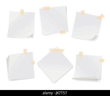 Realistic vector illustration, set of different white note papers with pieces of tape, isolated on white Stock Vector