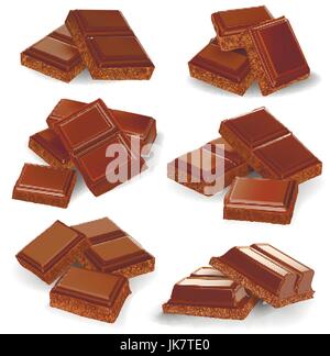 Realistic vector illustration, set of broken chocolate bars on white background Stock Vector