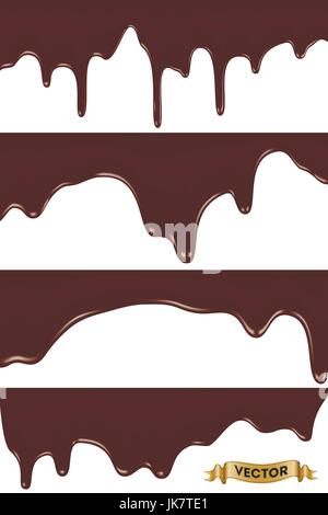 Realistic vector illustration, set of melted chocolate dripping on white background Stock Vector