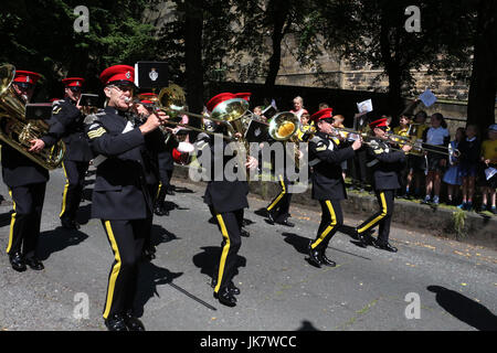 The Duke of Lancaster's Regiment exercising their right as Freemen of Lancaster to march through the city seen on Castle Park by Lancaster Castle. Stock Photo