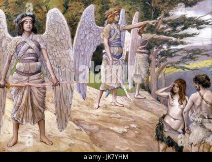 James Tissot, Adam and Eve Driven From Paradise. Circa 1896-1902. Gouache on board. The Jewish Museum, New York City, USA. Stock Photo
