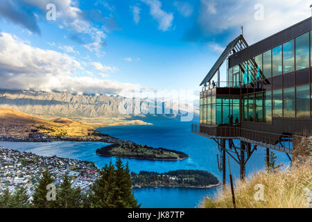 View across Queenstown, Lake Wakatipu and The Remarkables from the Skyline tourist complex in New Zealand