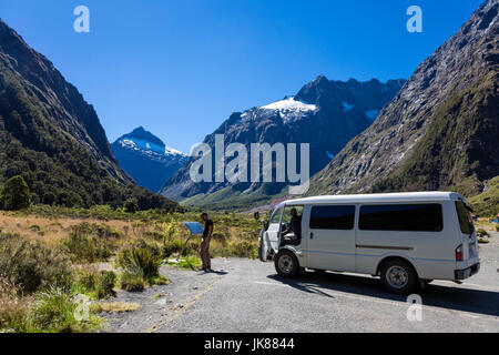 Travelling by camper van in New Zealand, scenic mountain landscape (Monkey Creek, South Island, New Zealand) Stock Photo