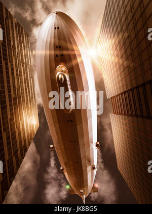 Airship over a city with skyscrapers Stock Photo