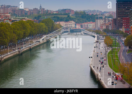 Spain, Basque Country Region, Vizcaya Province, Bilbao, elevated view of the Rio de Bilbao river and the Zubizuri bridge, architect Santiago Calatrava Stock Photo