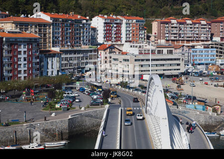 Spain, Basque Country Region, Vizcaya Province, Ondarroa, elevated town view and Itsas Aurre Bridge, designed by architect Santiago Calatrava Stock Photo