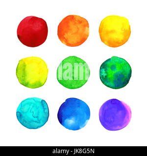 Set of multicolor colorful rainbow hand drawn watercolor spots, circles isolated on white background. Stock Photo