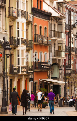 Spain, Asturias Region, Asturias Province, Aviles, Old Town buildings and cafes Stock Photo