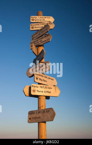 Spain, Cantabria Region, Cantabria Province, Santander, Pena Cabarga mountain, signpost, dawn Stock Photo