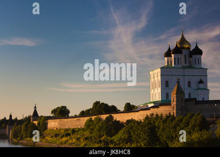 Russia, Pskovskaya Oblast, Pskov, elevated view of Pskov Kremlin from the Velikaya River, sunset Stock Photo