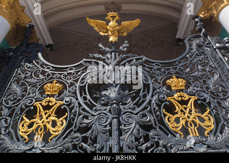 Russia, Saint Petersburg, Center, Dvortsovaya Square, double-headed eagle, symbol of Imperial Russia on gates to the Winter Palace and Hermitage Museum Stock Photo