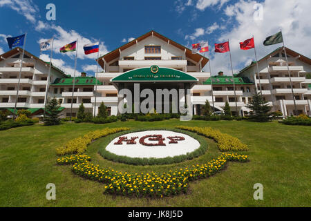 Russia, Caucasus Mountains, Sochi Area, Krasnaya Polyana, Gazprom Ski Resort, Grand Hotel Polyana, exterior, summer Stock Photo