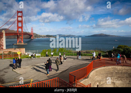 USA, California, San Francisco, Presidio, Golden Gate National Recreation Area, elevated view of Golden Gate Bridge from Fort Point, dawn Stock Photo